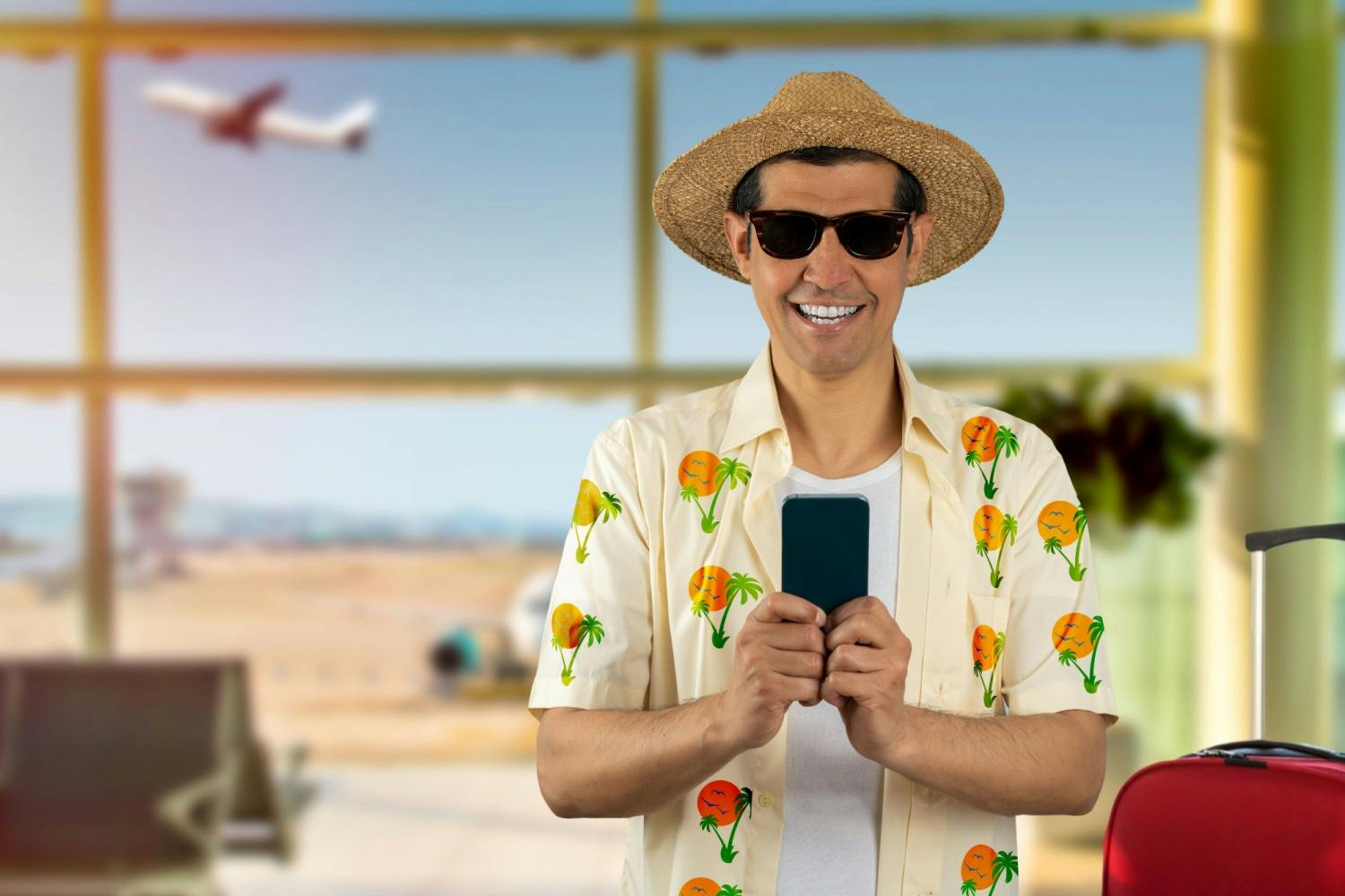 Turist med mobiltelefon på flyplass.